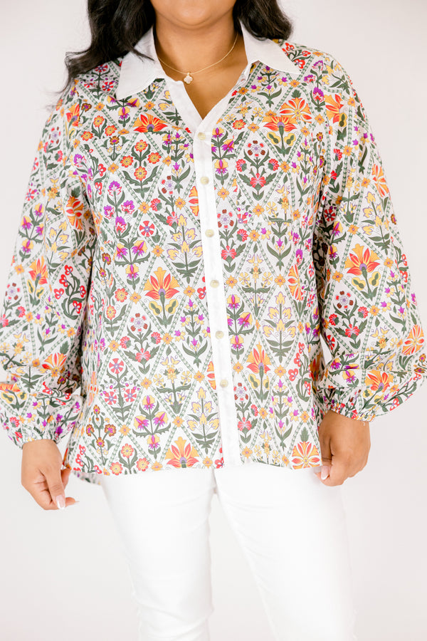 Chic Soul plus size clothing, multi colored floral pattern long sleeve button down top with cream trim along collar and buttons