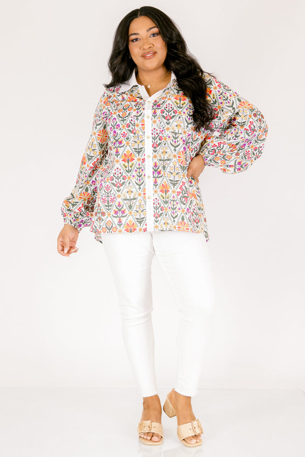Chic Soul plus size clothing, multi colored floral pattern long sleeve button down top with cream trim along collar and buttons
