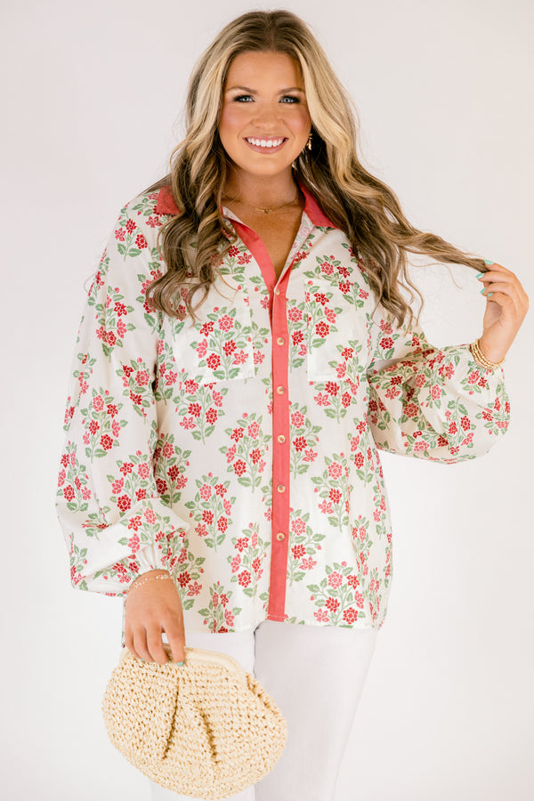 Chic Soul plus size clothing, white long sleeve button-up top with a pink floral pattern and a pink stripe going down the button area 