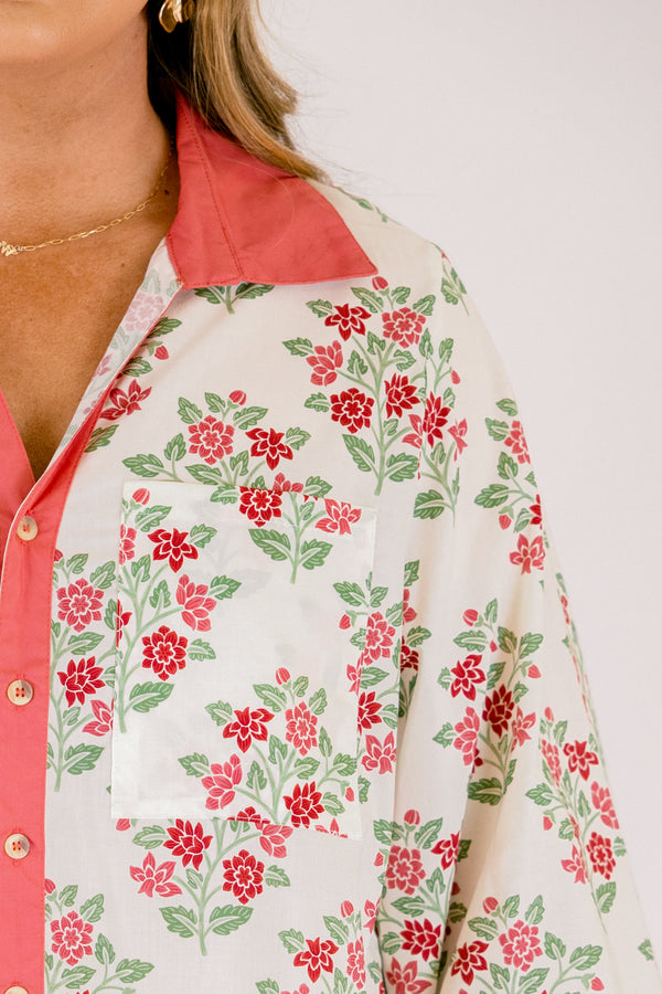 Chic Soul plus size clothing, white long sleeve button-up top with a pink floral pattern and a pink stripe going down the button area 