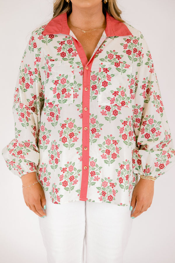 Chic Soul plus size clothing, white long sleeve button-up top with a pink floral pattern and a pink stripe going down the button area 