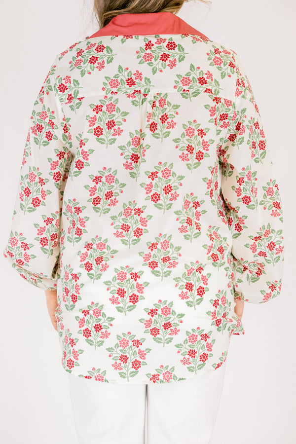 Chic Soul plus size clothing, white long sleeve button-up top with a pink floral pattern and a pink stripe going down the button area 