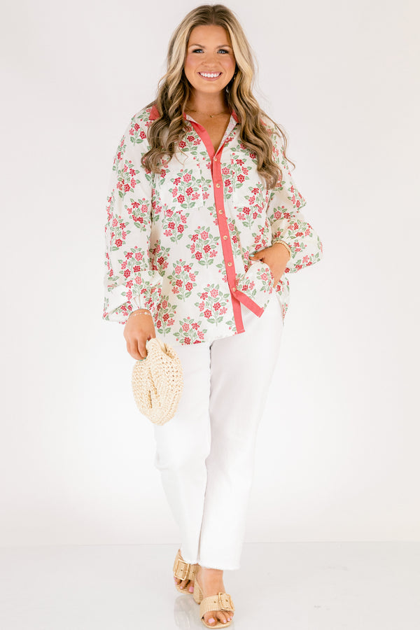 Chic Soul plus size clothing, white long sleeve button-up top with a pink floral pattern and a pink stripe going down the button area 