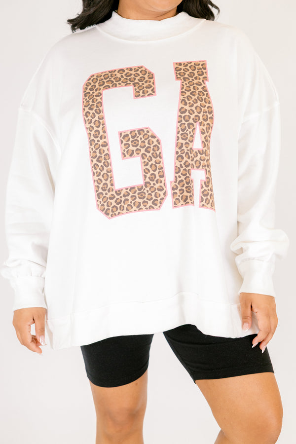 Chic Soul plus size clothing, off white long sleeve mockneck with GA block leopard print letters
