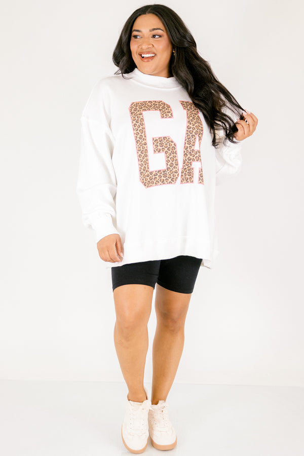 Chic Soul plus size clothing, off white long sleeve mockneck with GA block leopard print letters