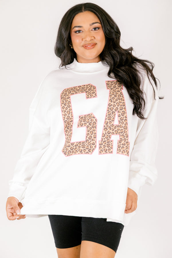 Chic Soul plus size clothing, off white long sleeve mockneck with GA block leopard print letters