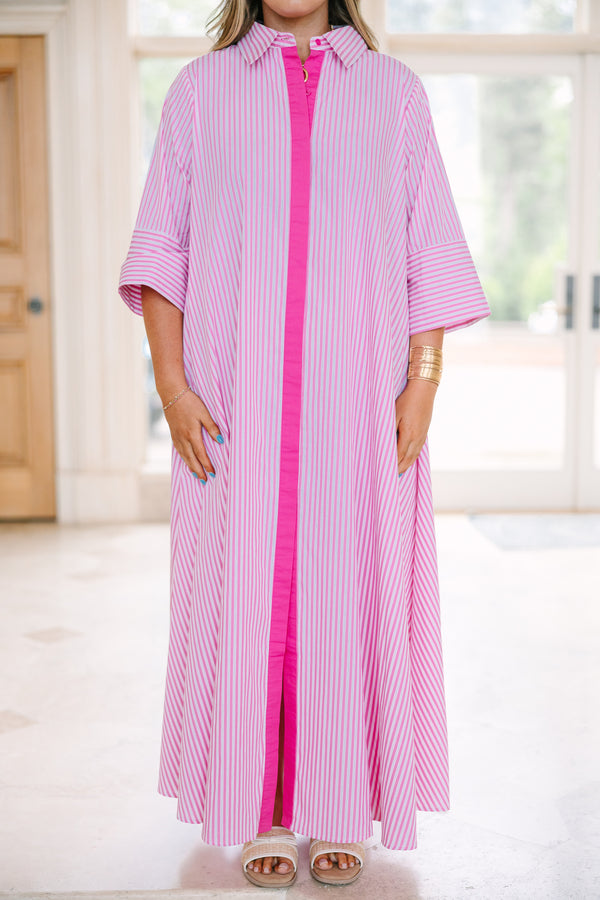 Chic Soul plus size clothing, pink and white striped, with solid pink trim, short sleeve collared covered button-up maxi dress