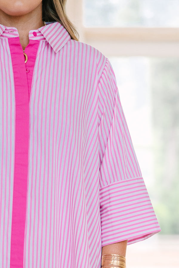Chic Soul plus size clothing, pink and white striped, with solid pink trim, short sleeve collared covered button-up maxi dress