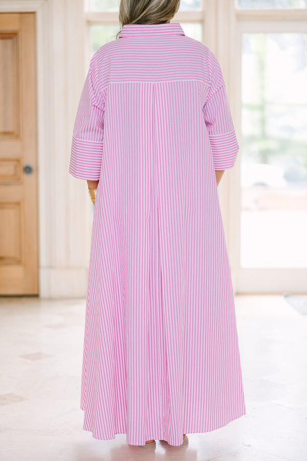 Chic Soul plus size clothing, pink and white striped, with solid pink trim, short sleeve collared covered button-up maxi dress