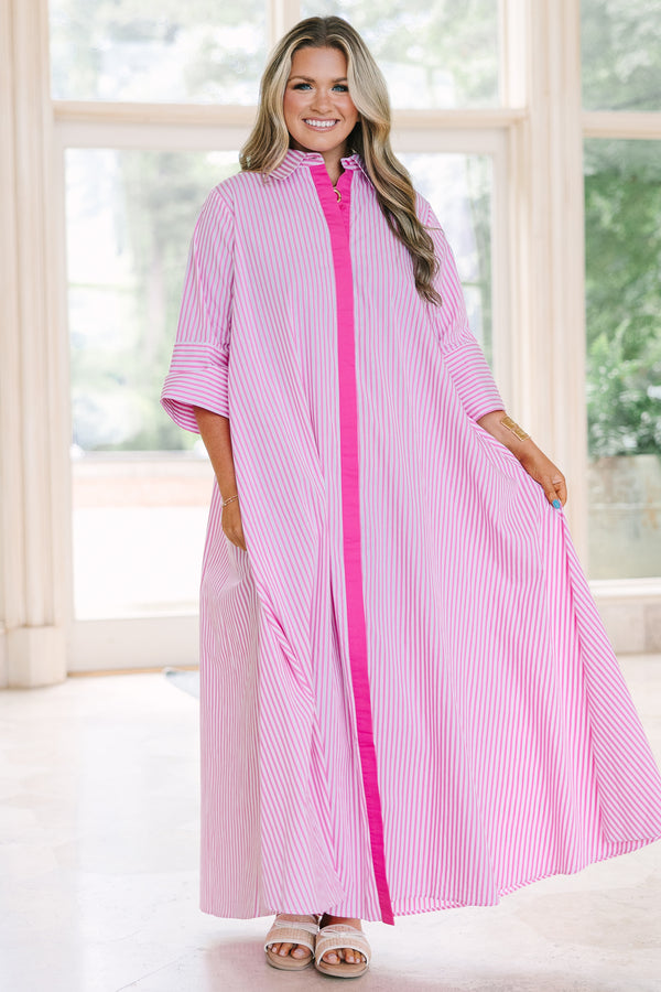 Chic Soul plus size clothing, pink and white striped, with solid pink trim, short sleeve collared covered button-up maxi dress