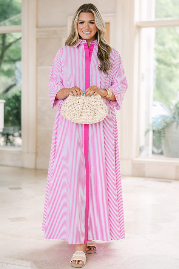 Chic Soul plus size clothing, pink and white striped, with solid pink trim, short sleeve collared covered button-up maxi dress