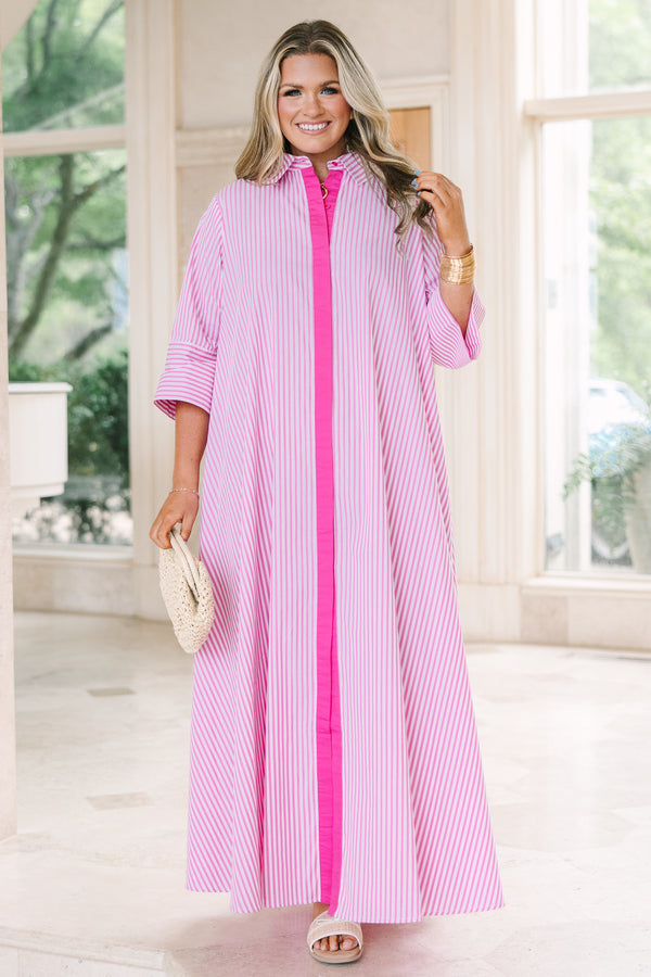 Chic Soul plus size clothing, pink and white striped, with solid pink trim, short sleeve collared covered button-up maxi dress