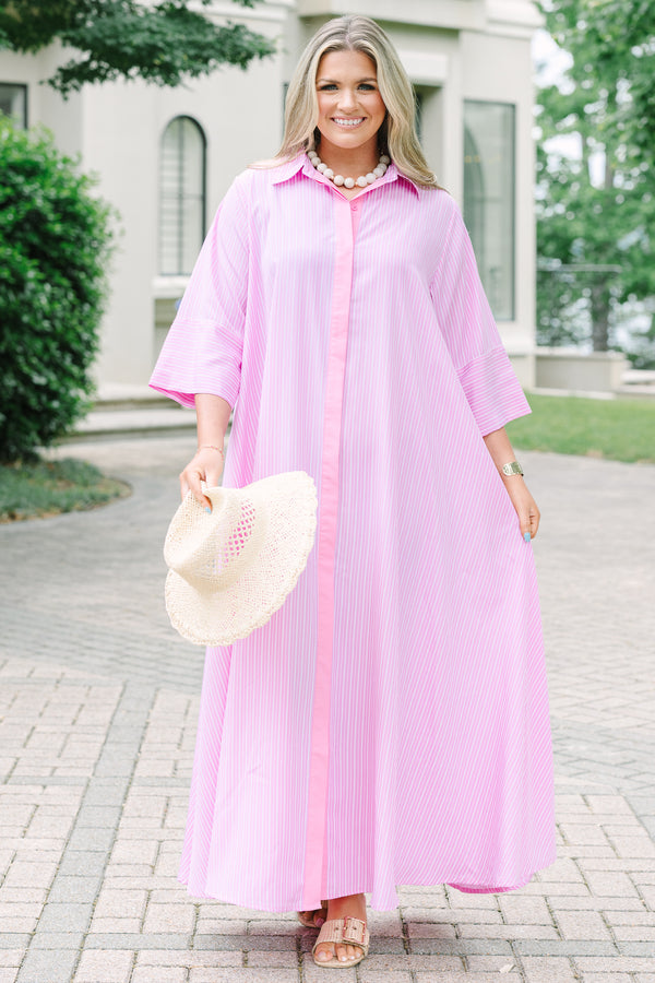 Chic soul plus size clothing, Light pink striped maxi shirt dress with quarter sleeves and a button-down front.