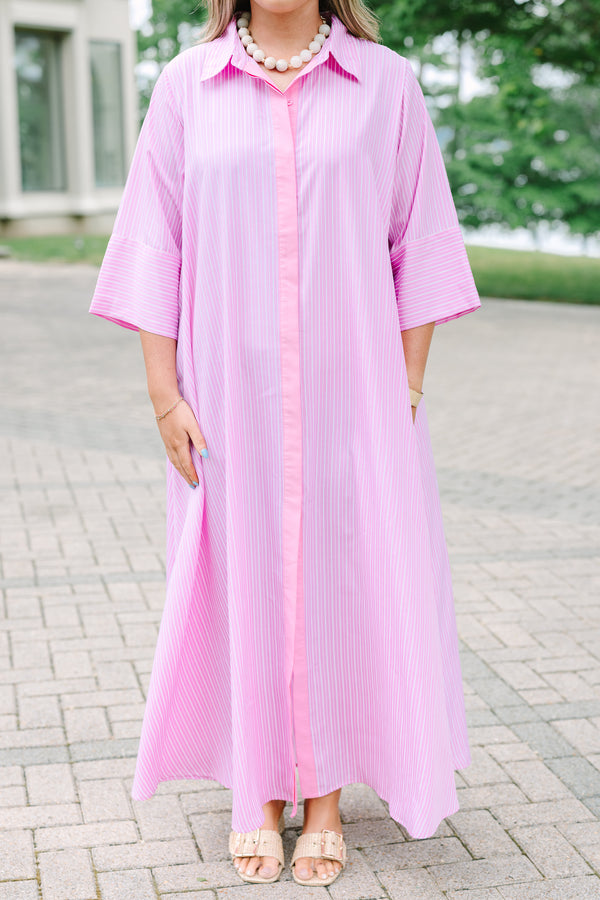 Chic soul plus size clothing, Light pink striped maxi shirt dress with quarter sleeves and a button-down front.