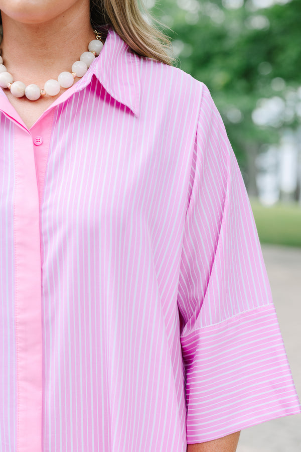 Chic soul plus size clothing, Light pink striped maxi shirt dress with quarter sleeves and a button-down front.