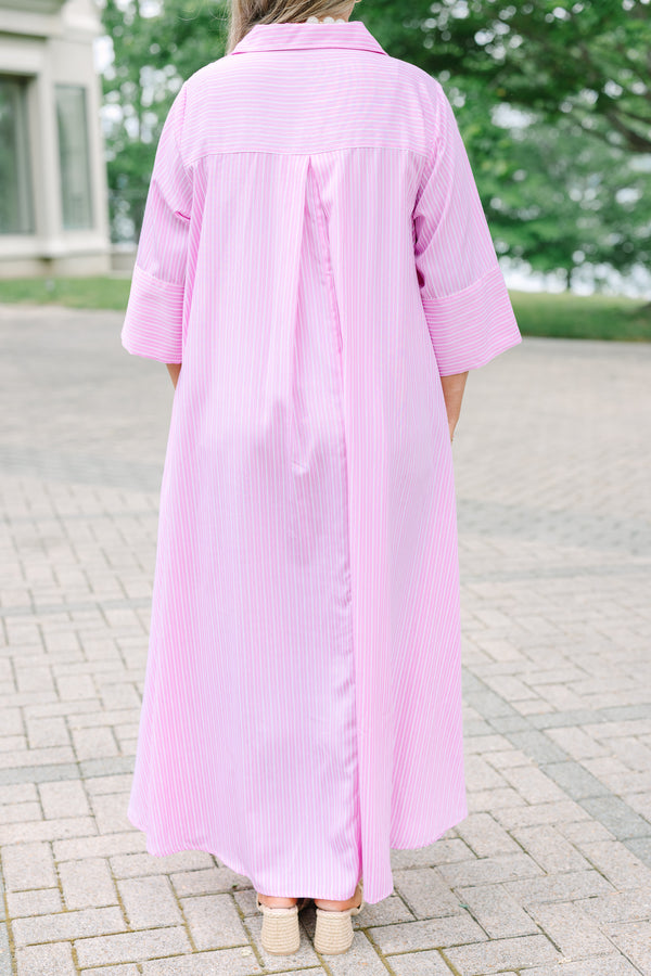 Chic soul plus size clothing, Light pink striped maxi shirt dress with quarter sleeves and a button-down front.