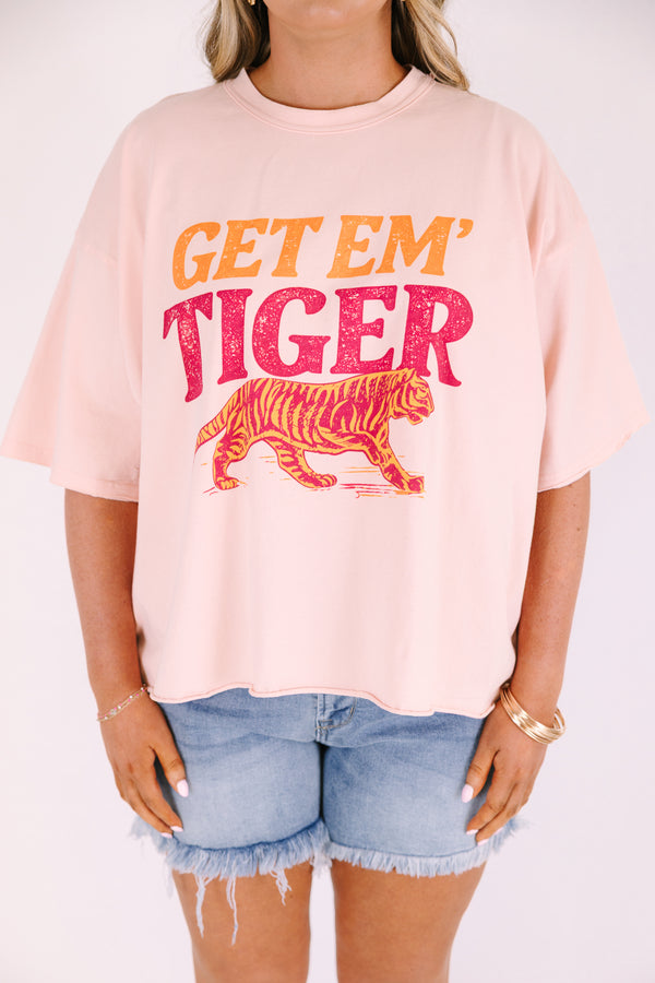 Chic Soul plus size clothing, light blush pink short sleeve slightly cropped tee with “Get em tiger” in pink and orange vintage style font and and pink and orange tiger graphic below the text 
