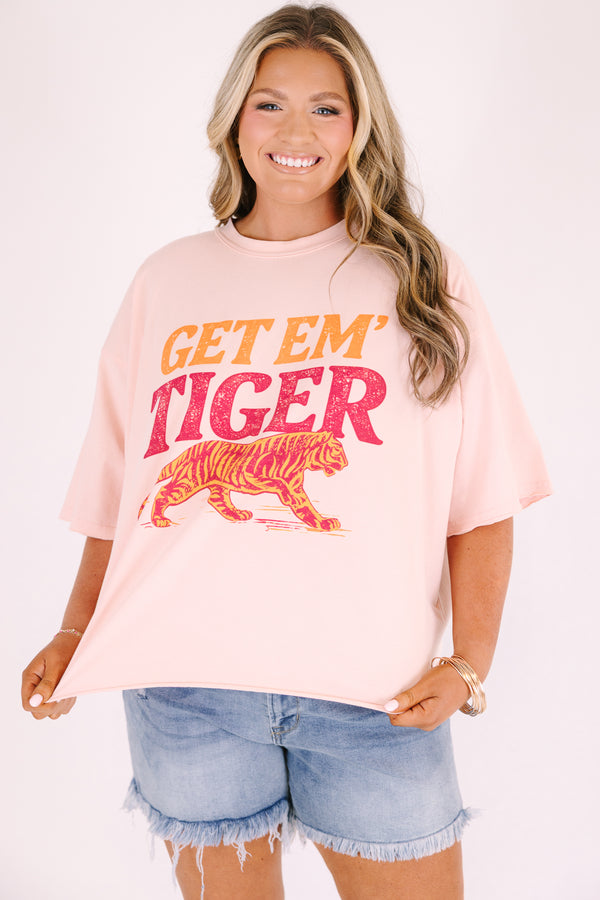 Chic Soul plus size clothing, light blush pink short sleeve slightly cropped tee with “Get em tiger” in pink and orange vintage style font and and pink and orange tiger graphic below the text 
