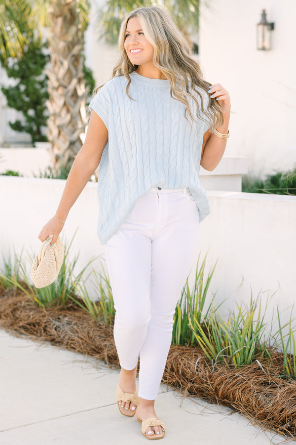 Chic Soul plus size clothing, blue short sleeve sweater with ribbed details going around the neckline bottom of each sleeves and outlining the bottom of the sweater as well as a braided stripe textured pattern throughout 