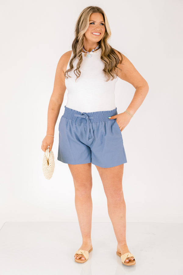 Chic Soul plus size clothing, cornflower blue stretchy elastic waistband drawstring shorts