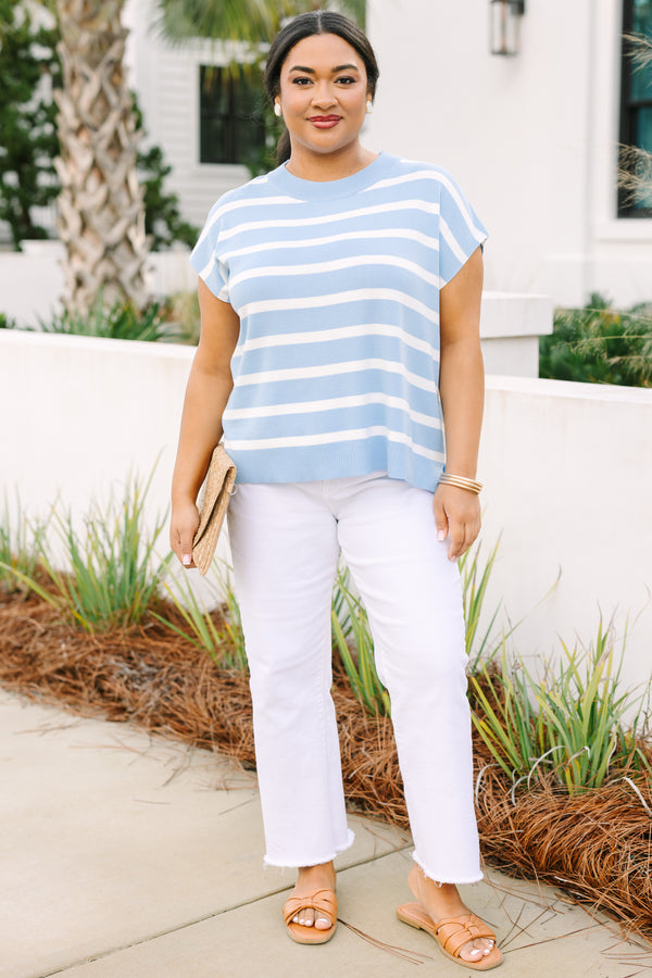Chic soul plus size clothing, light blue and white horizontal stripe short sleeve sweater