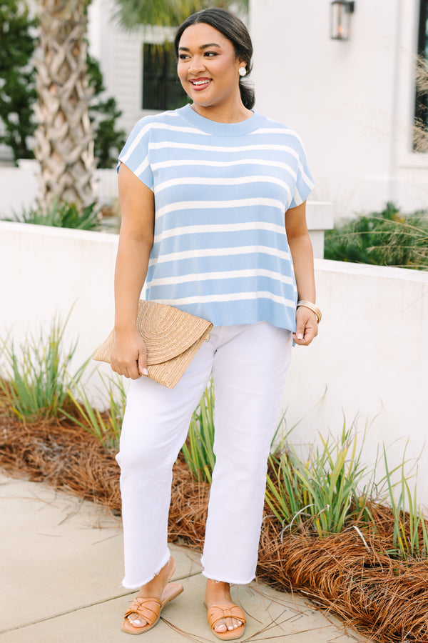 Chic soul plus size clothing, light blue and white horizontal stripe short sleeve sweater
