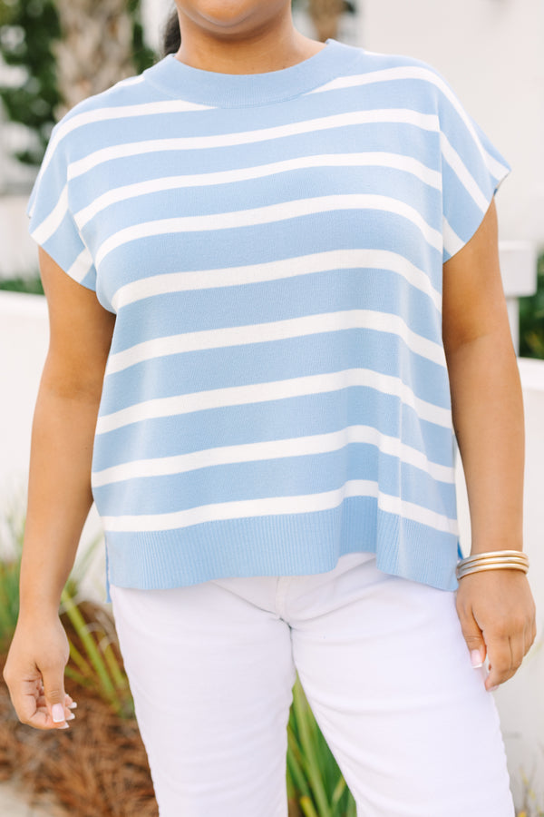 Chic soul plus size clothing, light blue and white horizontal stripe short sleeve sweater