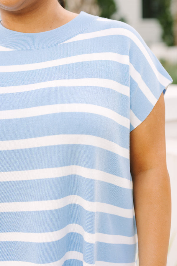Chic soul plus size clothing, light blue and white horizontal stripe short sleeve sweater