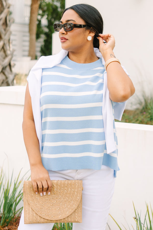 Chic soul plus size clothing, light blue and white horizontal stripe short sleeve sweater