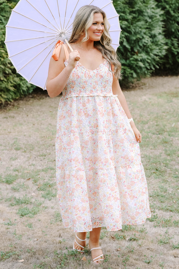 Chic Soul plus size clothing, peach orange pink floral print tiered maxi dress with cinching on the chest and ribbon tie straps