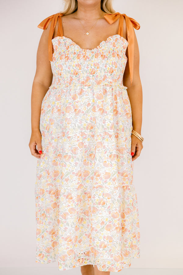 Chic Soul plus size clothing, peach orange pink floral print tiered maxi dress with cinching on the chest and ribbon tie straps