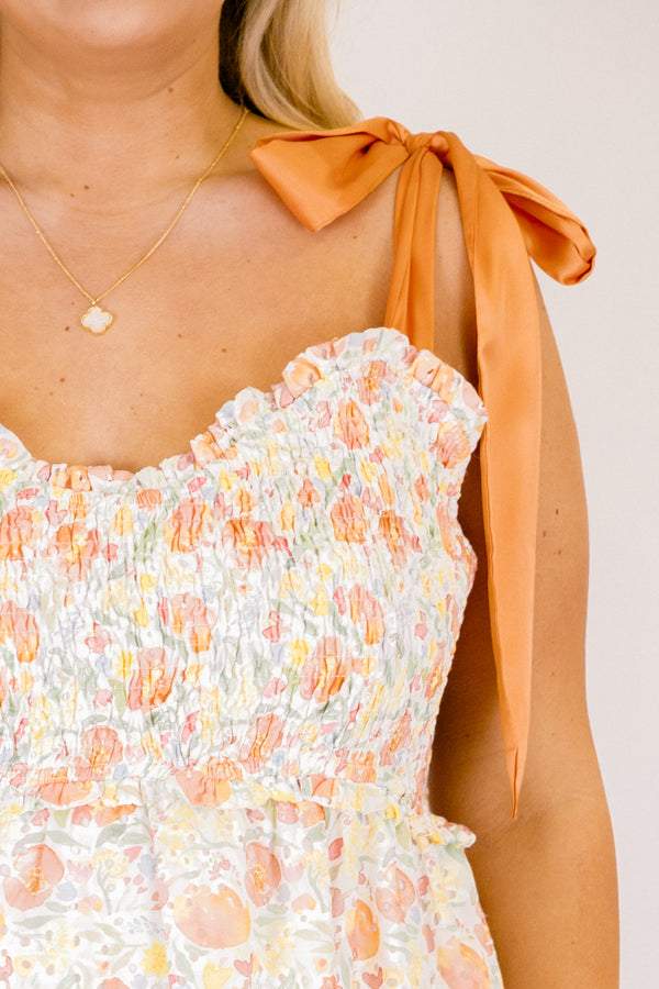 Chic Soul plus size clothing, peach orange pink floral print tiered maxi dress with cinching on the chest and ribbon tie straps