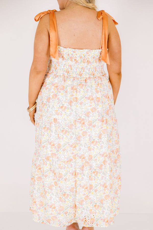 Chic Soul plus size clothing, peach orange pink floral print tiered maxi dress with cinching on the chest and ribbon tie straps