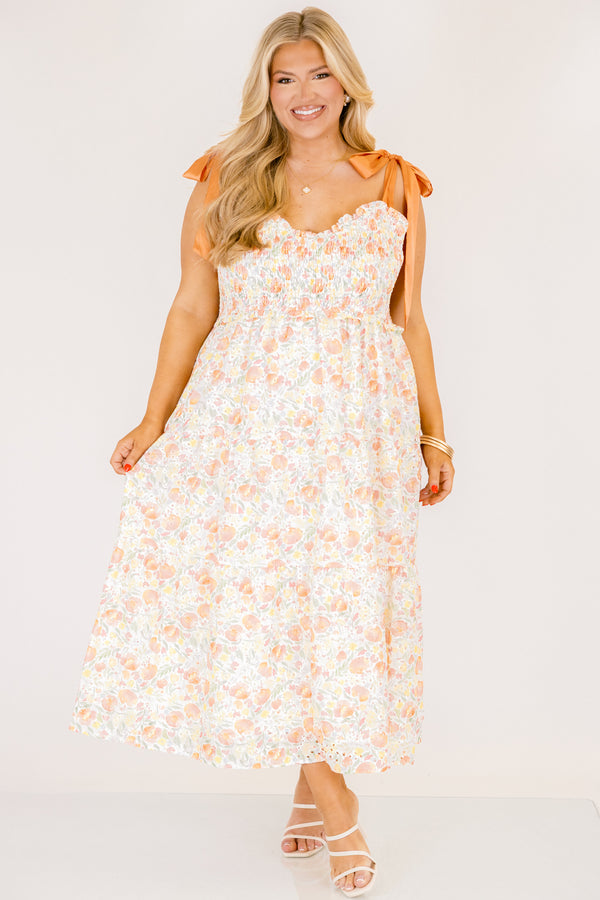 Chic Soul plus size clothing, peach orange pink floral print tiered maxi dress with cinching on the chest and ribbon tie straps