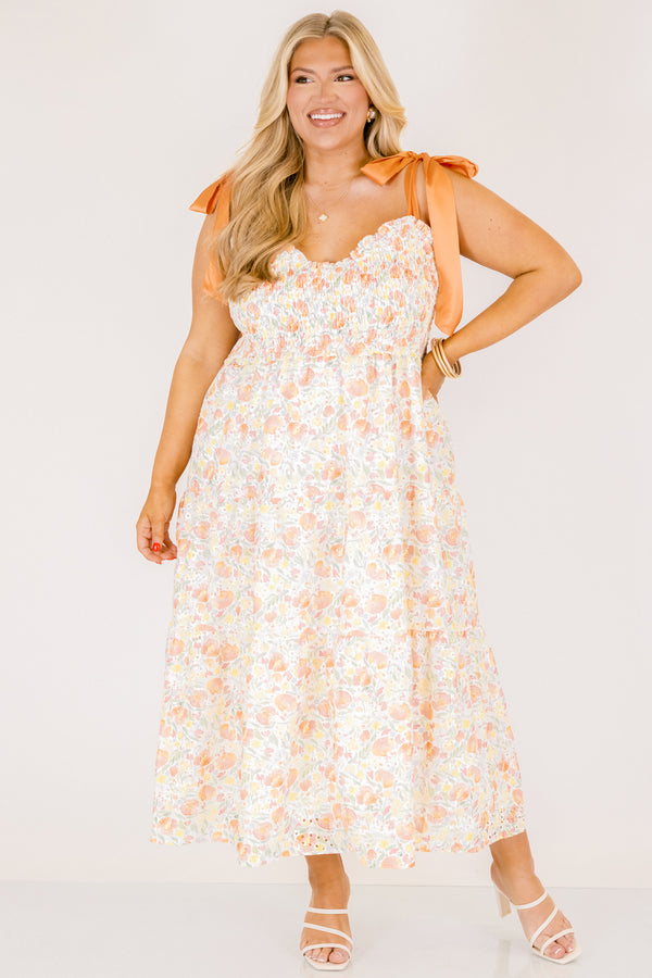 Chic Soul plus size clothing, peach orange pink floral print tiered maxi dress with cinching on the chest and ribbon tie straps