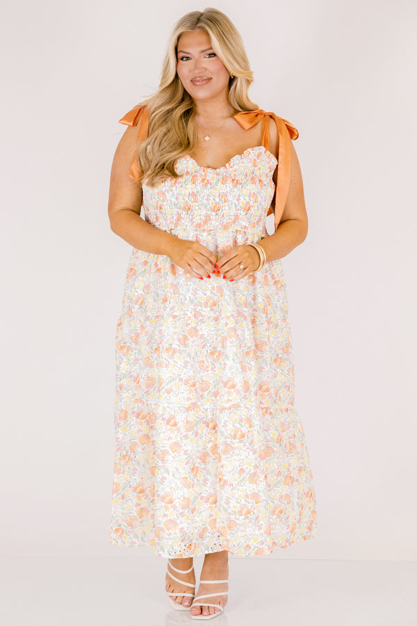 Chic Soul plus size clothing, peach orange pink floral print tiered maxi dress with cinching on the chest and ribbon tie straps
