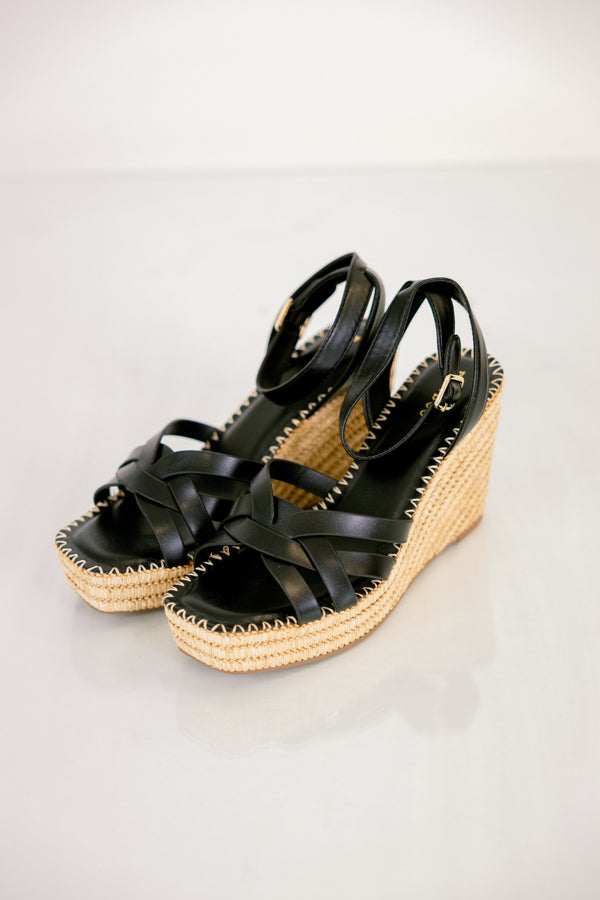 Chic Soul plus size clothing, black strappy and natural woven bottom of the wedges