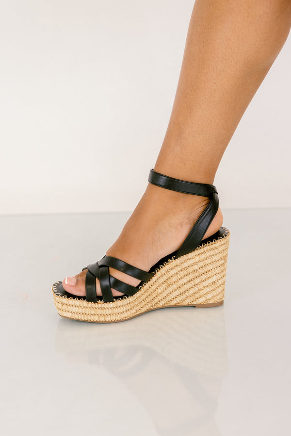 Chic Soul plus size clothing, black strappy and natural woven bottom of the wedges