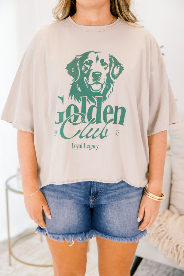 Chic soul plus size clothing, light tan brown short sleeve cropped tee with dark green outline of a golden retriever and 
