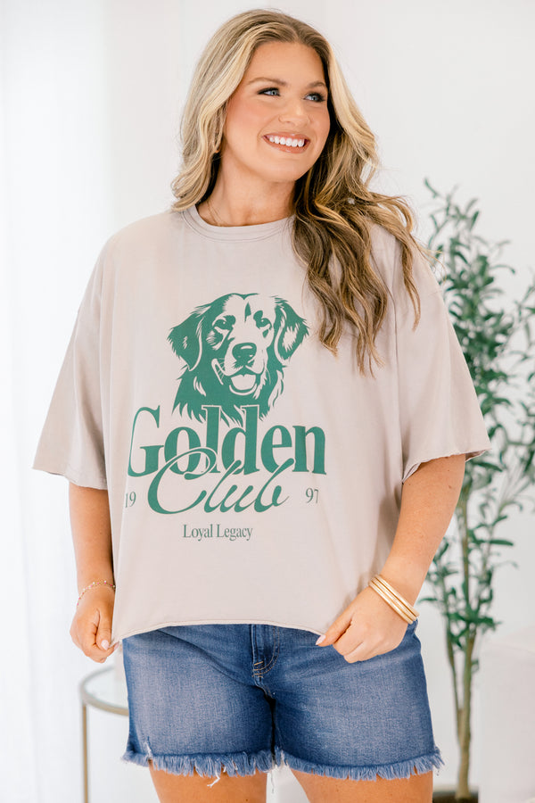 Chic soul plus size clothing, light tan brown short sleeve cropped tee with dark green outline of a golden retriever and 