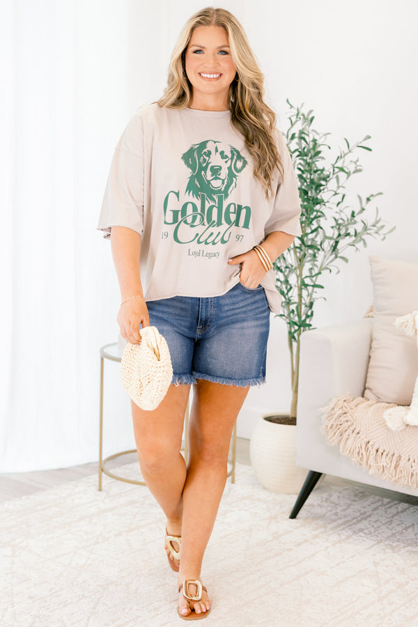 Chic soul plus size clothing, light tan brown short sleeve cropped tee with dark green outline of a golden retriever and 