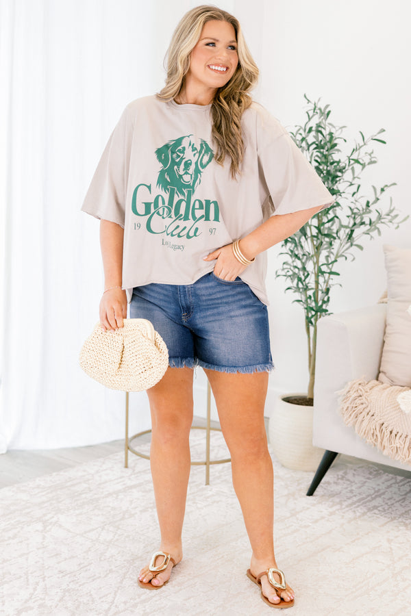 Chic soul plus size clothing, light tan brown short sleeve cropped tee with dark green outline of a golden retriever and 