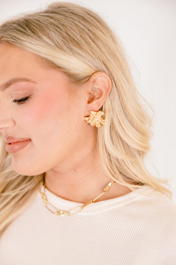 Chic Soul plus size clothing, gold floral pendant earrings