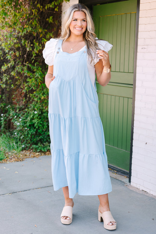 Chic Soul plus size clothing, baby blue tiered overall dress with a big pocket on the center of the chest as well as pockets around the sides of the dress