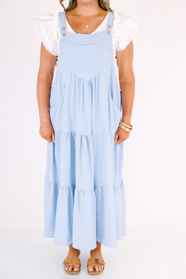 Chic Soul plus size clothing, baby blue tiered overall dress with a big pocket on the center of the chest as well as pockets around the sides of the dress