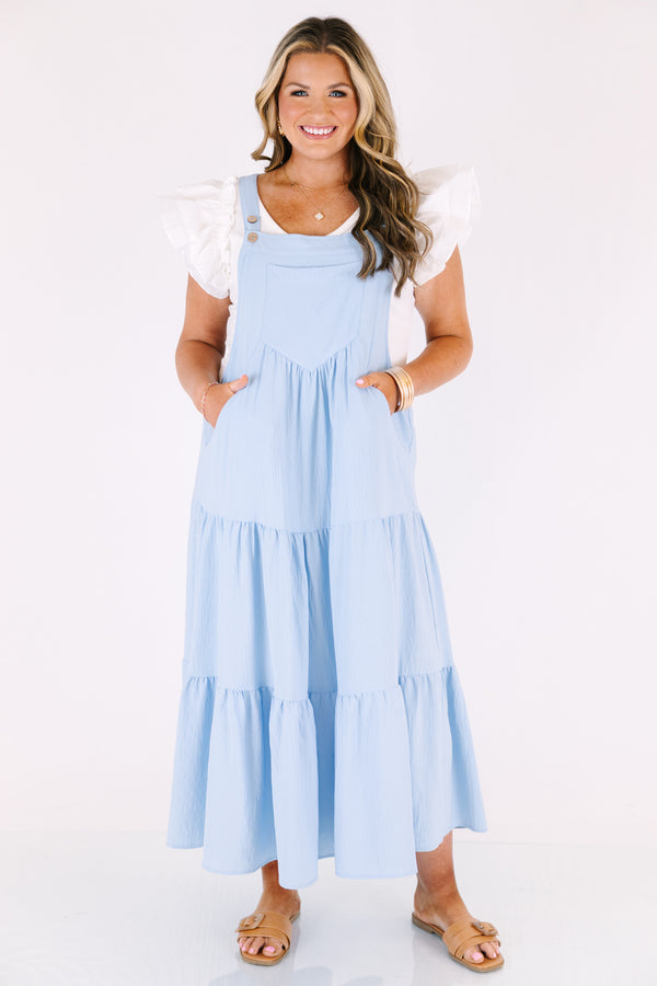 Chic Soul plus size clothing, baby blue tiered overall dress with a big pocket on the center of the chest as well as pockets around the sides of the dress
