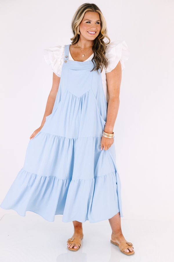 Chic Soul plus size clothing, baby blue tiered overall dress with a big pocket on the center of the chest as well as pockets around the sides of the dress