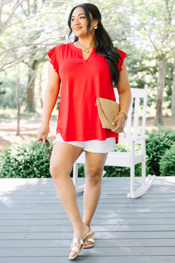 Chic Soul plus size clothing, red short flutter sleeve casual top with v-neckline
