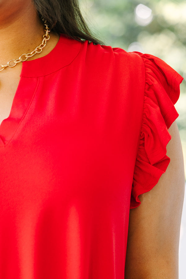 Chic Soul plus size clothing, red short flutter sleeve casual top with v-neckline
