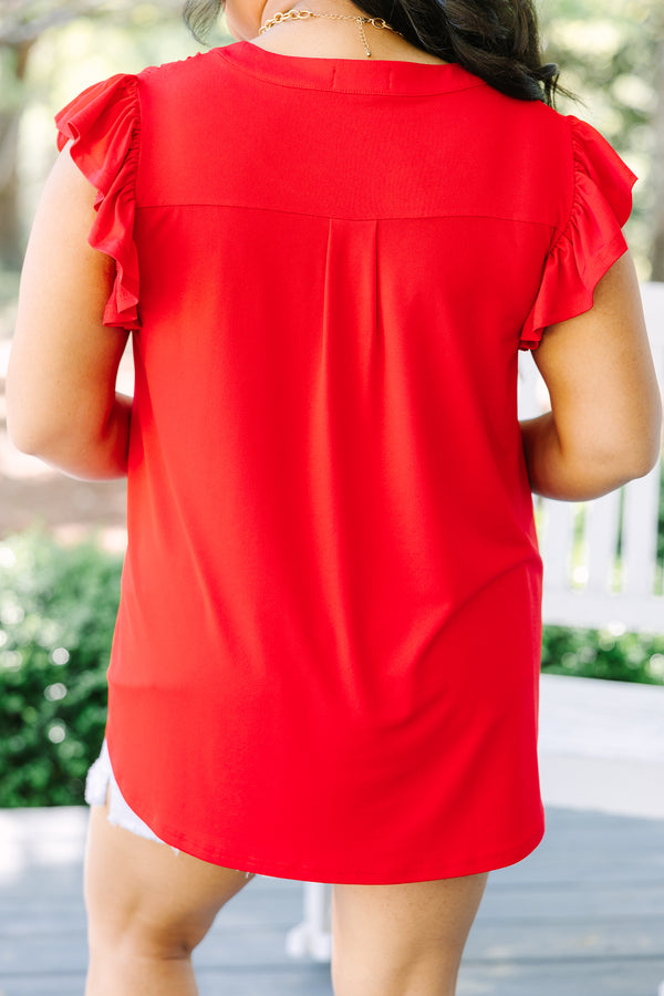 Chic Soul plus size clothing, red short flutter sleeve casual top with v-neckline
